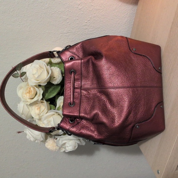 Coach Mickie Bucket Bag In Red Metallic Pebble Grain Leather Crossbody F35684 - Picture 9 of 15